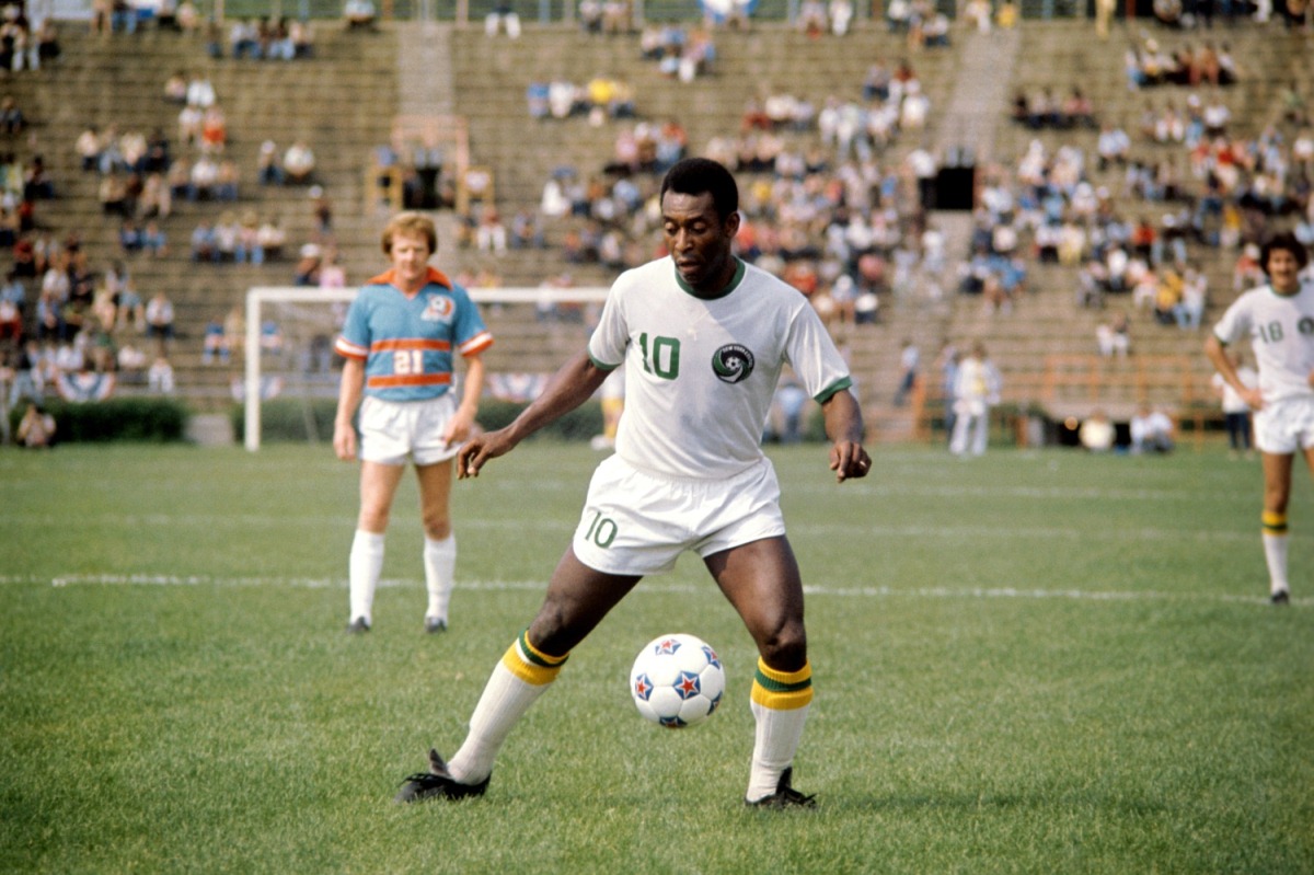 New York Cosmos' Pele in action on his debut for the NASL team